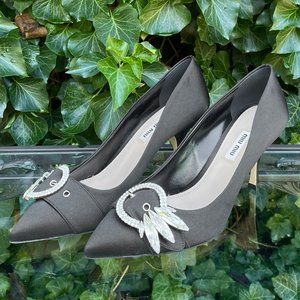 MIU MIU Classic Black Satin Kitten Heels With Crystal Brooch NWOB